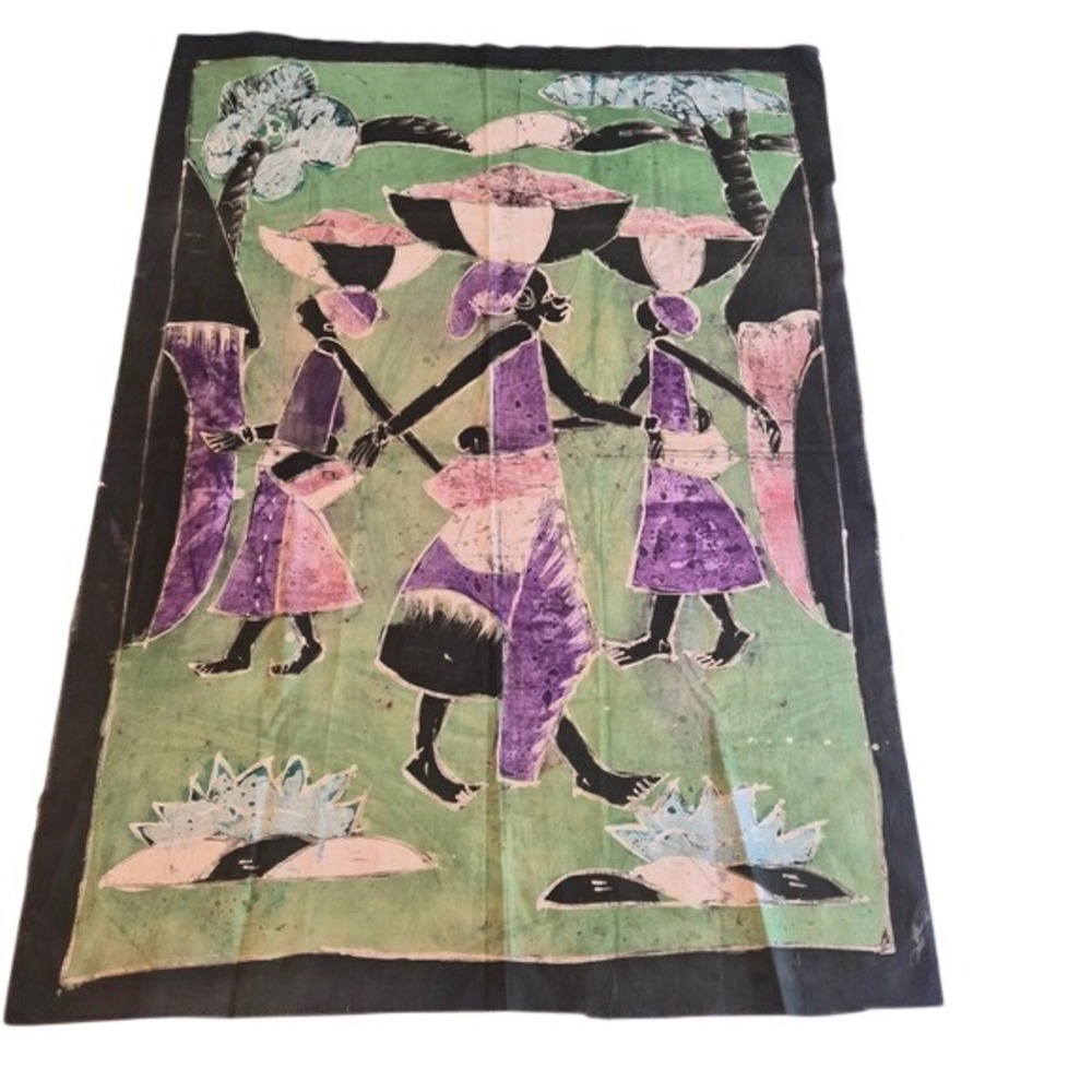 Vintage African Batik Wall Hanging Fabric Art Women Village Scene Green Purple